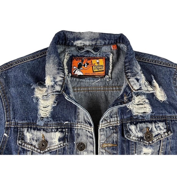 Rolling Paper Denim Jean Jacket  Unisex Size S  Distressed Paint Splatter - Picture 8 of 10